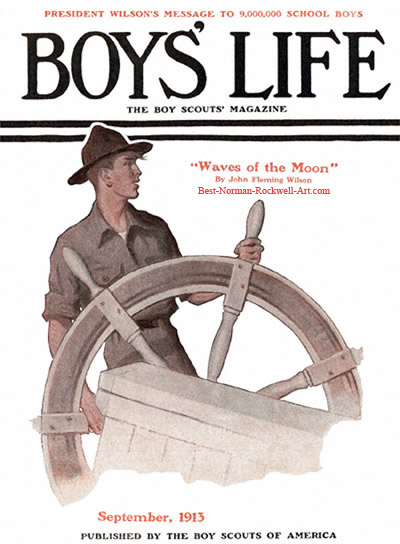 Norman Rockwell cover for Boys' Life appearing September 1913 entitled Scout at Ship's Wheel