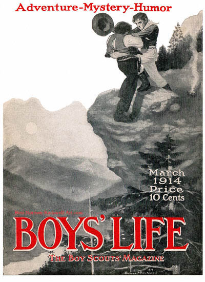 Norman Rockwell cover for Boys' Life appearing March 1914 entitled Fight on a Cliff
