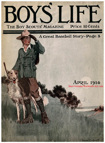 Norman Rockwell cover for Boys' Life appearing April 1914 entitled Scout with Dog on Hill