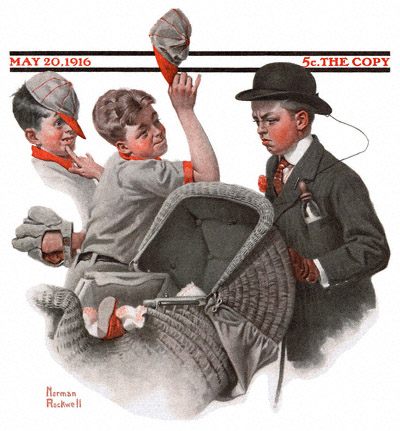 The May 20, 1916 Saturday Evening Post cover by Norman Rockwell, Boy and Baby Carriage