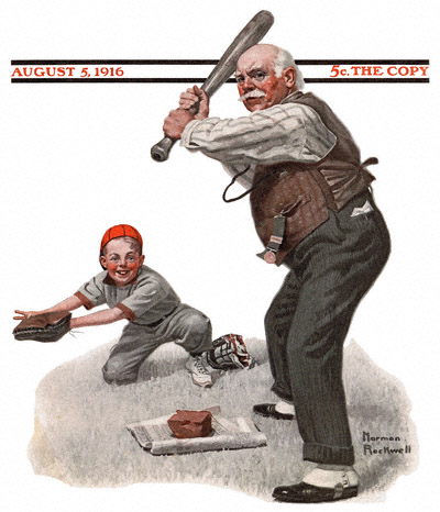 Saturday Evening Post cover by Norman Rockwell entitled Gramps at the Plate from August 5, 1916