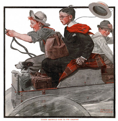 Cousin Reginald Goes to the Country by Norman Rockwell (1917)>></center>
<hr size= Cousin Reginald Goes to the Country by Norman Rockwell appeared on The Country Gentleman cover August 25, 1917