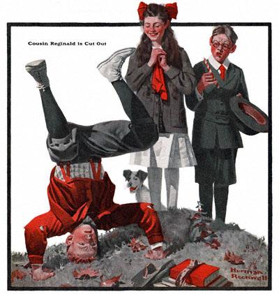 The Country Gentleman magazine from 11/17/1917 featured this Norman Rockwell illustration, Cousin Reginald Is Cut Out
