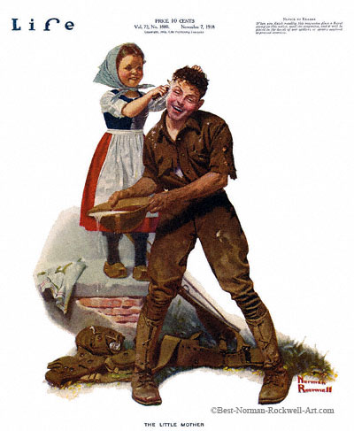 The Little Mother by Norman Rockwell appeared on Life Magazine cover November 7, 1918