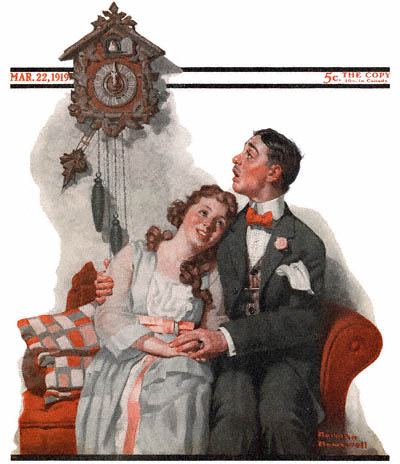 The March 22, 1919 Saturday Evening Post cover by Norman Rockwell entitled Courting Couple at Midnight
