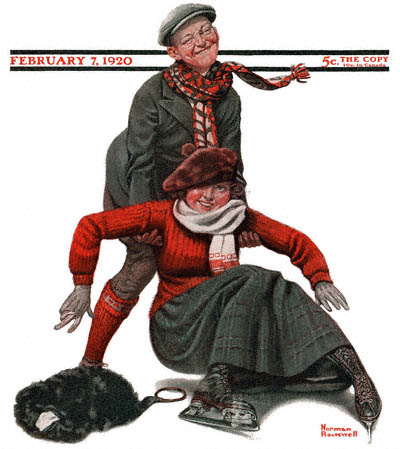 The February 7, 1920 Saturday Evening Post cover by Norman Rockwell entitled The Novice Skater