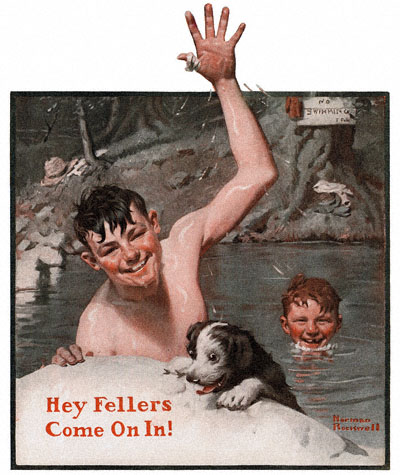 Norman Rockwell's 'Hey Fellers, Come On In' or 'Swimming Hole' appeared on the cover of The Country Gentleman on 6/19/1920
