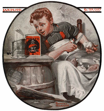 The January 29, 1921 Saturday Evening Post cover by Norman Rockwell entitled Boy Reading Pirate Stories