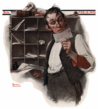 The February 18, 1922 Saturday Evening Post cover by Norman Rockwell entitled Postman Reading Mail