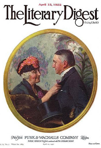 Woman Pinning Boutonniere on Man by Norman Rockwell from the April 15, 1922 issue of The Literary Digest