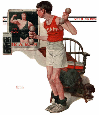 The April 29, 1922 Saturday Evening Post cover by Norman Rockwell entitled Boy Lifting Weights