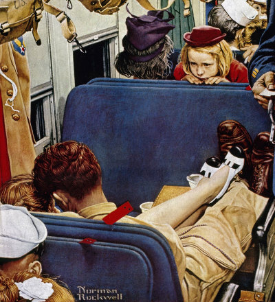 The August 12, 1944 Saturday Evening Post cover by Norman Rockwell entitled Little Girl Observing Lovers On A Train