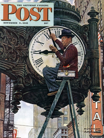 The November 3, 1945 Saturday Evening Post cover by Norman Rockwell entitled Man Setting Clock