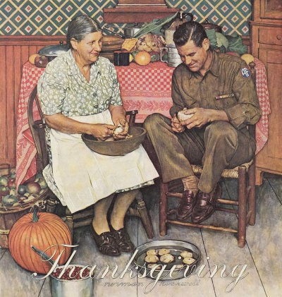 Norman Rockwell: Thanksgiving: Mother and Son Peeling Potatoes
