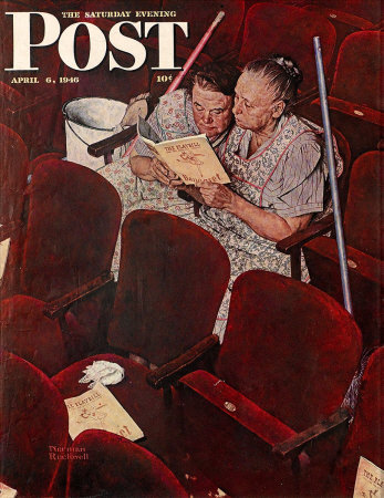 The April 6, 1946 Saturday Evening Post cover by Norman Rockwell entitled Charwomen In Theatre