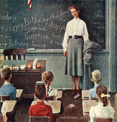 The March 17, 1956 Saturday Evening Post cover by Norman Rockwell entitled Happy Birthday Miss Jones