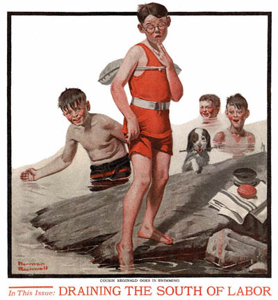 Cousin Reginald Goes in Swimming by Norman Rockwell appeared on The Country Gentleman cover September 8, 1917