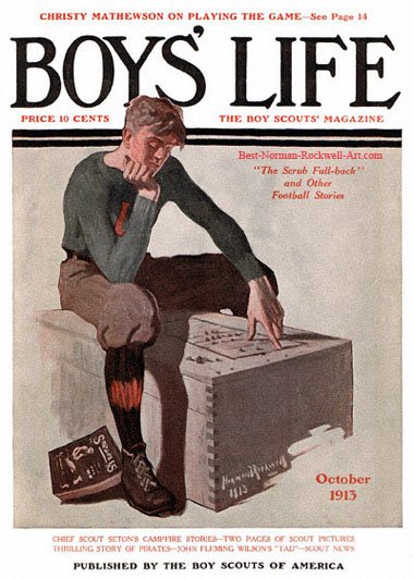 Norman Rockwell cover for Boys' Life appearing October 1913 entitled Boy on Trunk
