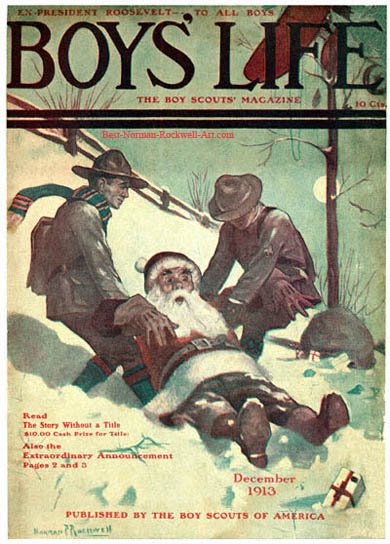 Norman Rockwell cover for Boy's Life appearing December 1913 entitled Santa and Scouts in Snow