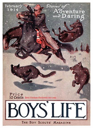 Norman Rockwell cover for Boys' Life appearing February 1914 entitled Scout on Horse with Wolves