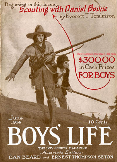 Norman Rockwell cover for Boys' Life appearing June 1914 entitled Scouting with Daniel Boone