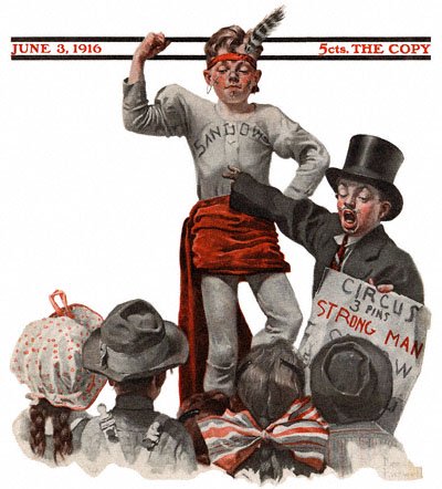 Saturday Evening Post June 3, 1916 cover Circus Barker and Strongman