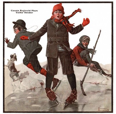 The Country Gentleman from 1/19/1918 featured this Norman Rockwell illustration, Cousin Reginald Plays Tickly Bender