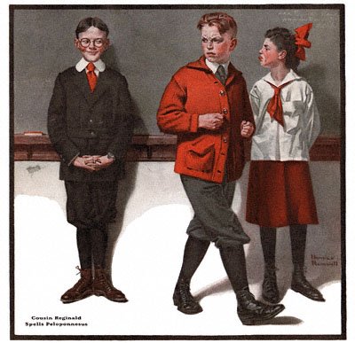 The Country Gentleman from 2/9/1918 featured this Norman Rockwell illustration, Cousin Reginald Spells Peloponesus