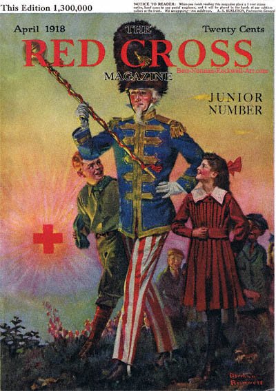 Uncle Sam Marching with Children by Norman Rockwell appeared on Red Cross cover April 1918