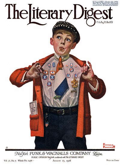 The Literary Digest cover by Norman Rockwell published August 17, 1918 entitled Boy Showing Off Badges