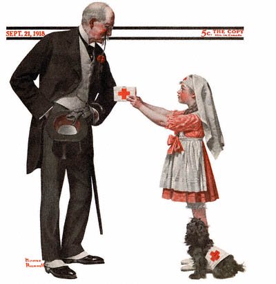 The September 21, 1918 Saturday Evening Post cover by Norman Rockwell entitled Little Girl Working for Red Cross or Red Cross Volunteer