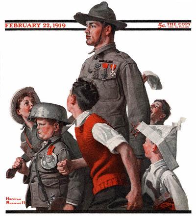 The February 22, 1919 Saturday Evening Post cover by Norman Rockwell entitled World War I Soldier Marching with Children