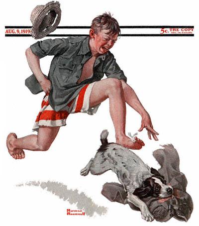 The September 20, 1919 Saturday Evening Post cover by Norman Rockwell entitled Boy Chasing Dog With Pants