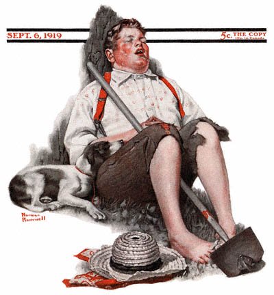 The September 6, 1919 Saturday Evening Post cover by Norman Rockwell entitled Boy Asleep with Hoe