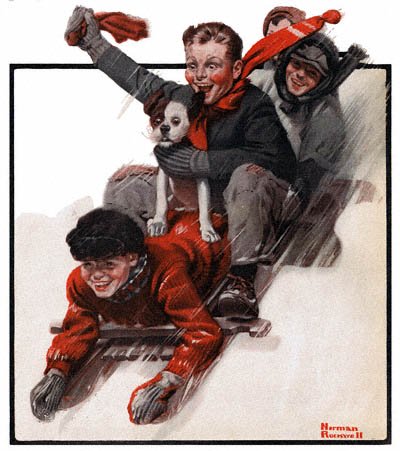 The Country Gentleman from 12/27/1919 featured this Norman Rockwell illustration, Four Boys on a Sled