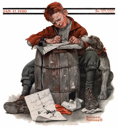 The January 17, 1920 Saturday Evening Post cover by Norman Rockwell entitled Little Boy Writing Letter
