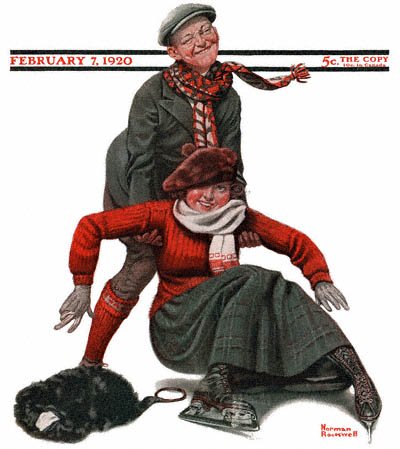 The February 7, 1920 Saturday Evening Post cover by Norman Rockwell entitled The Novice Skater
