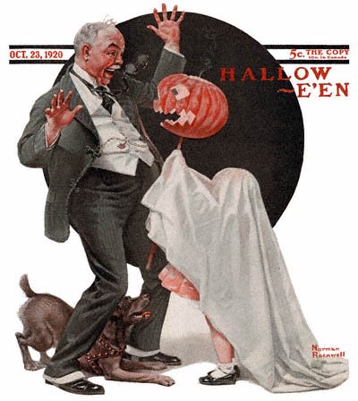 The October 23, 1920 Saturday Evening Post cover by Norman Rockwell entitled Grandfather Frightened by Jack-O-Lantern