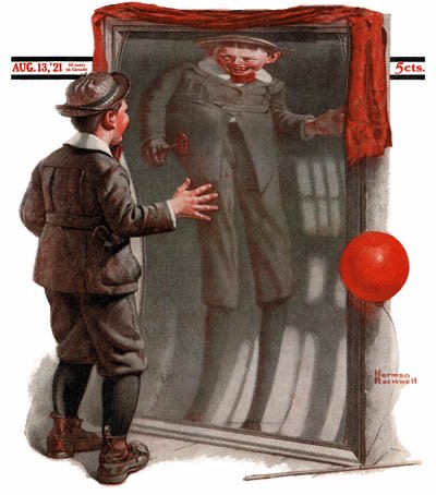 The August 13, 1921 Saturday Evening Post cover by Norman Rockwell entitled The Funny Mirror