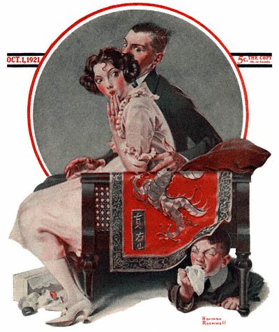 The October 1, 1921 Saturday Evening Post cover by Norman Rockwell entitled Boy Hiding Under Couch Sneezing