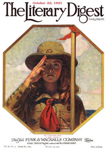 One of Uncle Sam's Assets - A Girl Scout or Girl Scout Saluting by Norman Rockwell from the October 22, 1921 issue of The Literary Digest