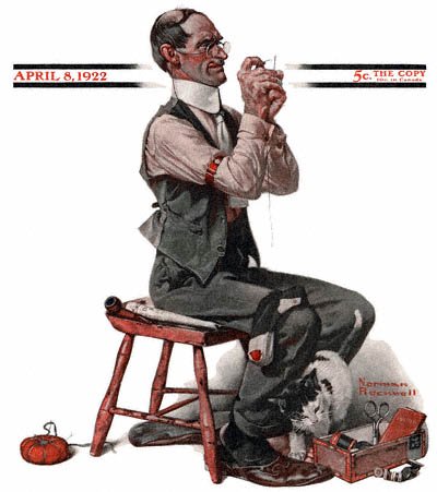 The April 8, 1922 Saturday Evening Post cover by Norman Rockwell entitled Man Threading a Needle