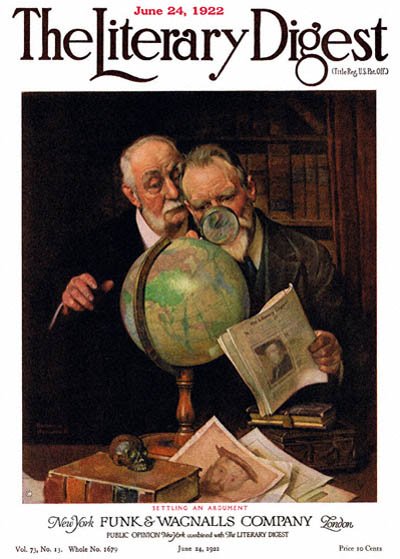 Settling an Argument or Two Men Consulting the Globe by Norman Rockwell from the June 24, 1922 issue of The Literary Digest