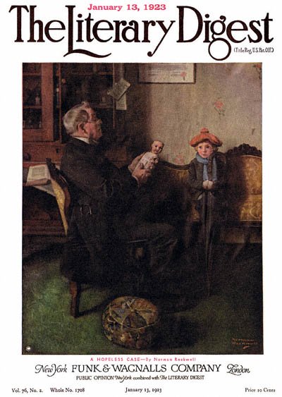 A Hopeless Case or Doctor Examining Doll, Girl on Couch by Norman Rockwell from the January 13, 1923 issue of The Literary Digest