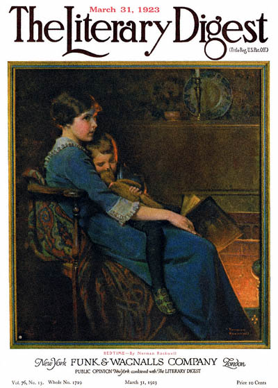 Bedtime or Mother Reading to Child by Fire by Norman Rockwell from the March 31, 1923 issue of The Literary Digest