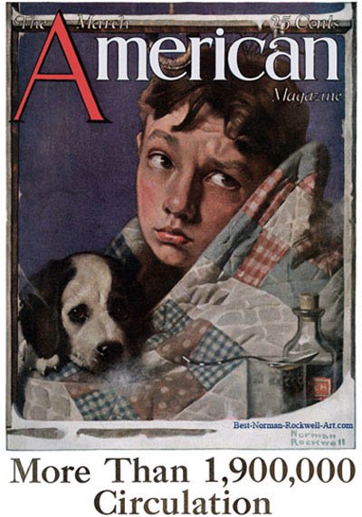 Boy and Dog in Quilt by Norman Rockwell appeared on American Magazine cover March 1923