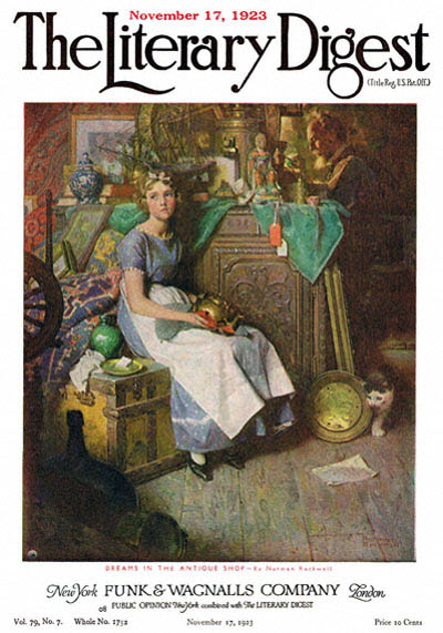 Dreams in the Antique Shop or Woman Daydreaming in Attic by Norman Rockwell from the November 17, 1923 issue of The Literary Digest