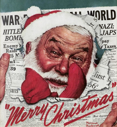 Norman Rockwell: Merry Christmas: Santa Face in Newspaper