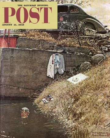 The August 11, 1945 Saturday Evening Post cover by Norman Rockwell entitled Salesman In Swimming Hole