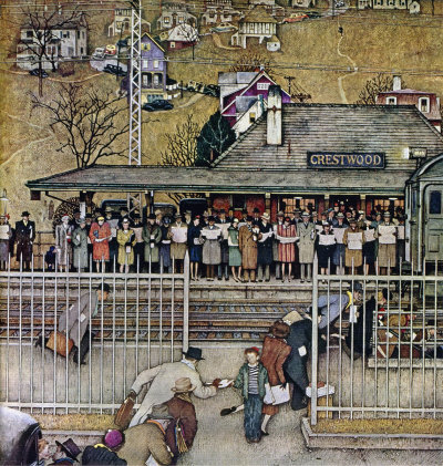 The November 16, 1946 Saturday Evening Post cover by Norman Rockwell entitled Crestwood Commuter Station
